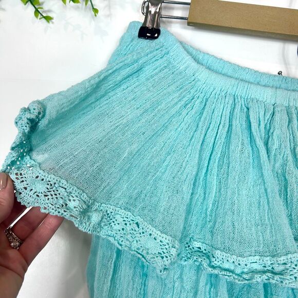 Jen's Pirate Booty Top Womens One Size teal Gauze Ruffle Lace Crop Off Shoulder - Picture 6 of 11